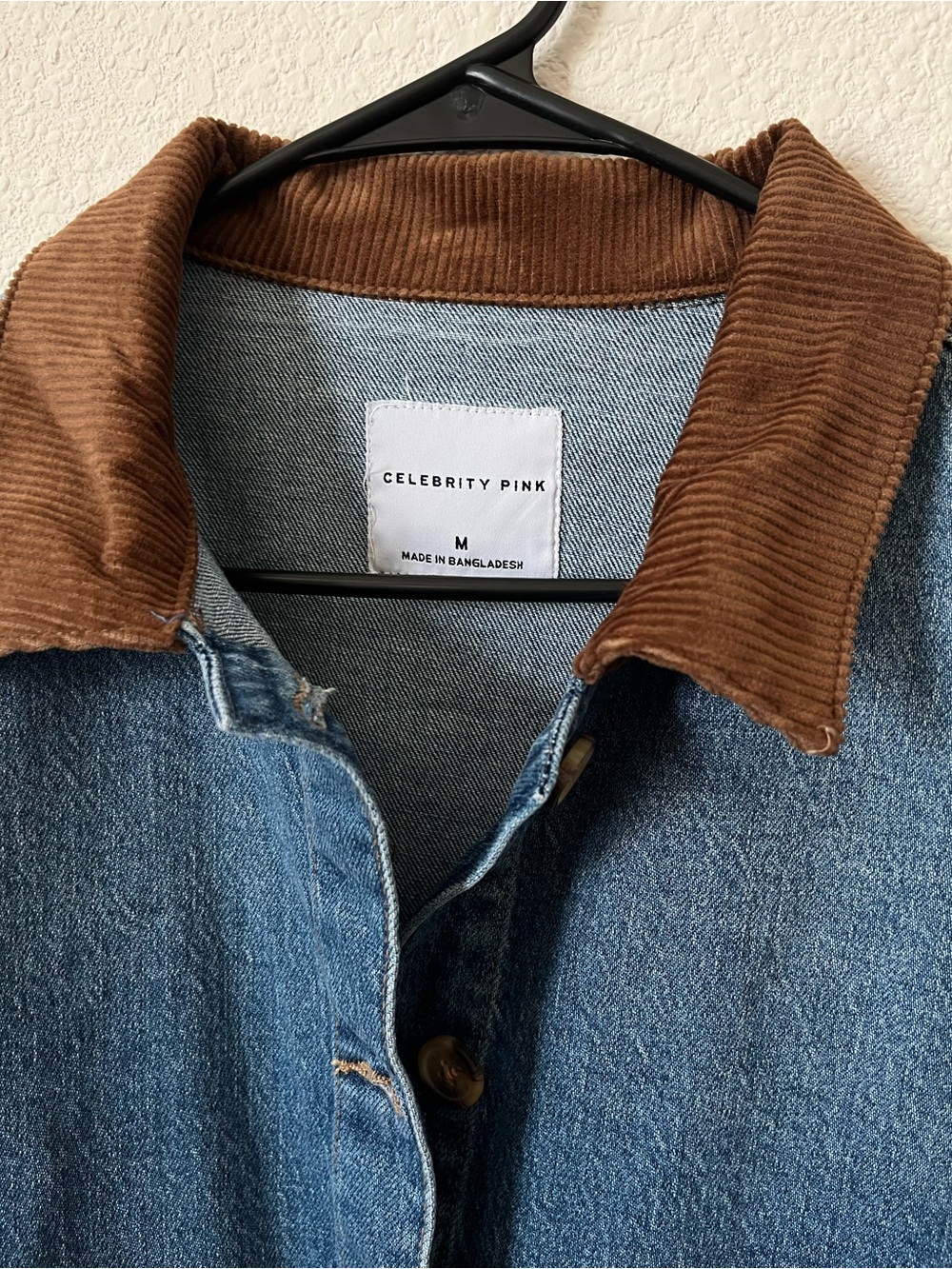 Denim Jacket with Brown Corduroy Collar - Women's Blue Jean Coat - Picture 2 of 3